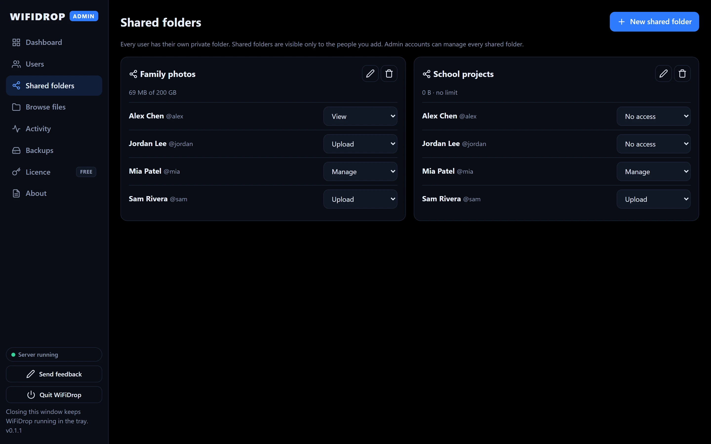 Shared folder permissions with View, Upload and Manage per person