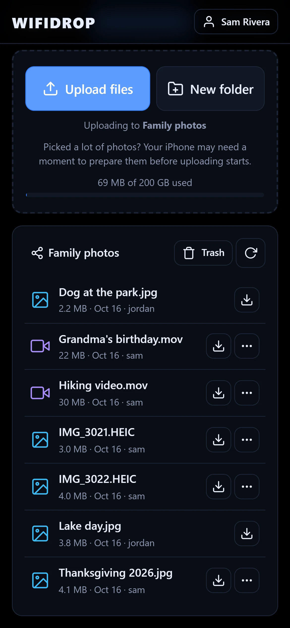 A shared Family photos folder on a phone